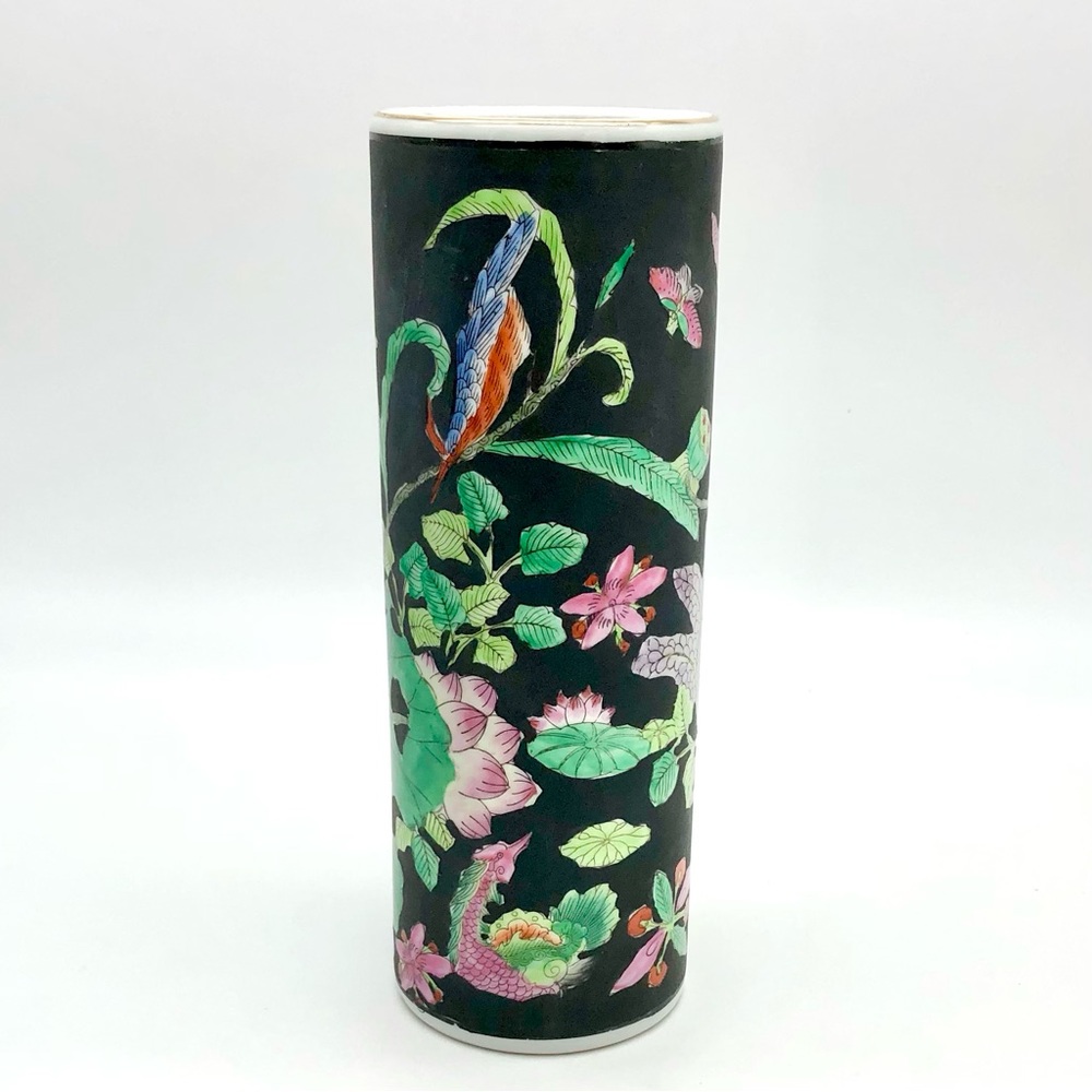 Chinese Porcelain Vase Hat Stand Famille Noire Floral Bird Lotus Qianlong Mark - Picture 7 of 13